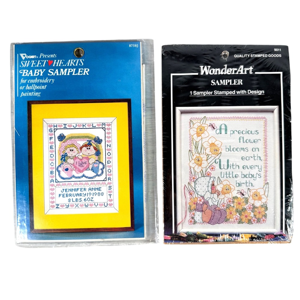 Vogart WonderArt Stamped Baby Sampler Embroidery Kits Lot of 2 Vintage USA 1980s